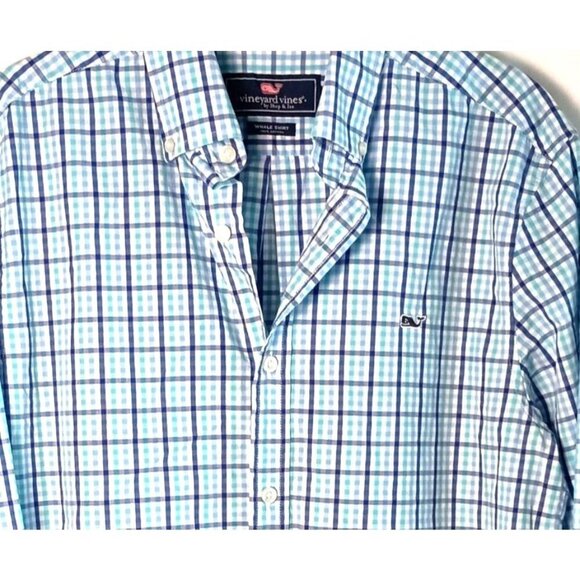 Vineyard Vines Poplin Tattersall Whale Shirt Blue Check Cotton Men’s Small S - Picture 4 of 5